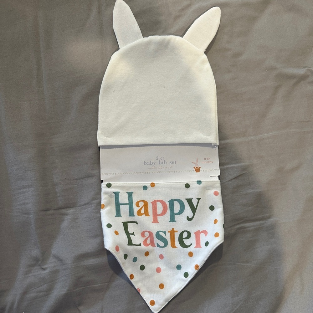 Happy Easter Baby Bib and Bunny Ear Hat Set White 0-12 Months 2‎ Piece Holiday